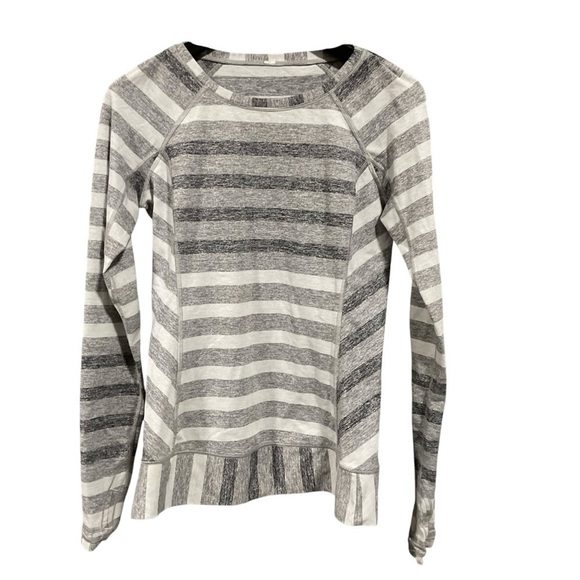 LULULEMON RACE YOUR PACE LONG SLEEVE MARSHMALLOW STRIPE SLATE YOGA DANCE EUC 6 - Picture 1 of 11